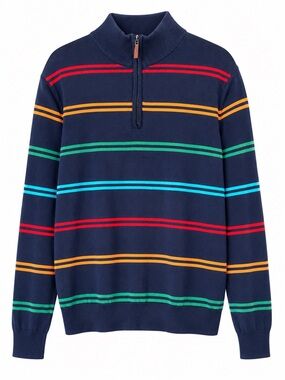 Club Room Jolly Stripe 100% Cotton Quarter Zip Sweater Navy Preppy L